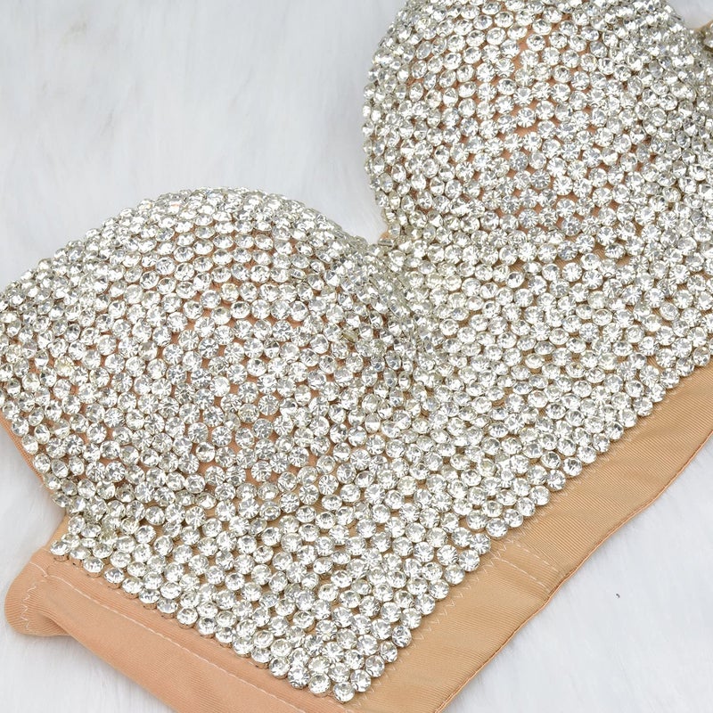 ELLACCI Women's Rhinestone Diamond Push up Bustier Crop Top Sexy Punk Corset Bra Khaki Large - Image 5